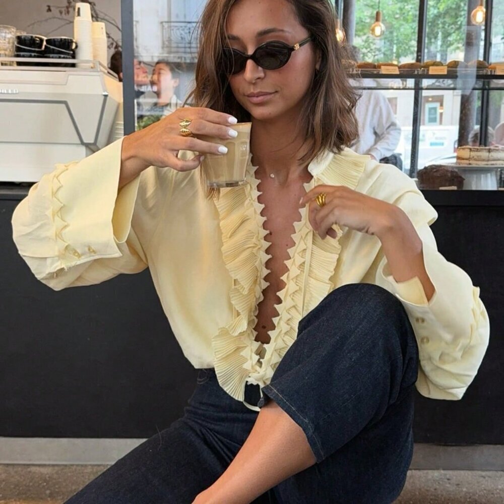 Yellow Casual Women's V-Neck Long Sleeve Blouse with Lace-Up Details - Picture 8 of 11
